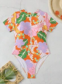 Swim SPRTY Springbreak New Random Print Onepiece Rash Guard, Crew Neck Short Sleeve Zipper Watersport Activewear For Women, Boho Festival