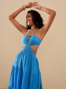 Travachic Vestido de mujer de un solo color con escote halter y espalda descubierta para vacaciones