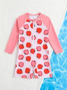 SHEIN 1 pieza Traje de baño de una sola pieza con estampado de tiburón lindo para niña, de manga larga, para el verano - Rosado Sandía - Ver 5