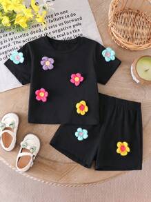 2 Stücke/Set Säugling/Kleinkind Mädchen Frühling/Sommer Lässig Modisch Süß Farbig 3D Blumen Dekor Weicher Strick Kurzarm Rundhals T-Shirt Top und Loose Shorts Outfit, 1-3 Jahre alt, Schwarz, Komfortabler Stylischer OOTD