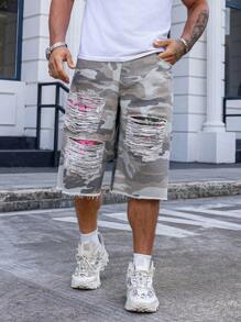 Manfinity LEGND Quần short denim rách họa tiết rằn ri cho nam - Nhiều màu - Xem 5