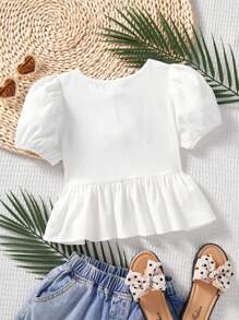 SHEIN LMoss Kids 年轻女孩休闲宽松纯色圆领短袖套头衫 - 白色 - 查看 2