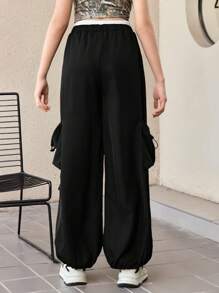 SHEIN Tween Girl Fashion Street Solid Woven Cargo Pocket Drawstring Decor Loose Wide Leg Black Pants, Suitable For Casual Outing, Back To School, Y2K, Mommy And Me Matching - Black - View 2
