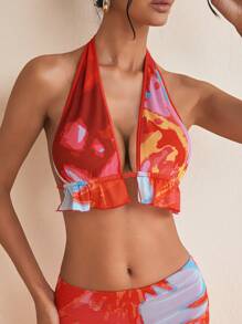 Eva Novielli Top con cuello de halter de malla con estampado en rojo de vacaciones, con relleno, parte posterior con lazo, parte superior de primavera-verano para mujer, para vacaciones de primavera, ajustado a Ibiza
