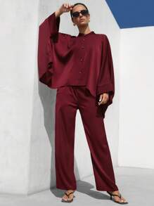 Aveloria Modichic طقم سكارف أنجورا مربع مع تصميم الأكمام والحواف المنفصل، فضفاض للنساء مع قطعتين عصري للحفلات الفاخرة - عنابي اللون - مشاهدة 3