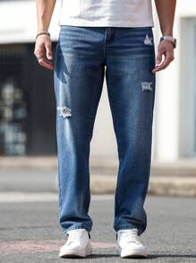 Manfinity Homme Men's Casual Relaxed Fit Straight Leg Ripped Jeans With Pockets - Blue - View 8