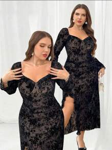 SHEIN Privé Plus Size Elegant Black Cocktail Maxi Dress,Autumn Curve Floral Flocked Square Neck,Ruched Bust,Slit,Ruffle Hem Versatile Professional Party - Black - View 1