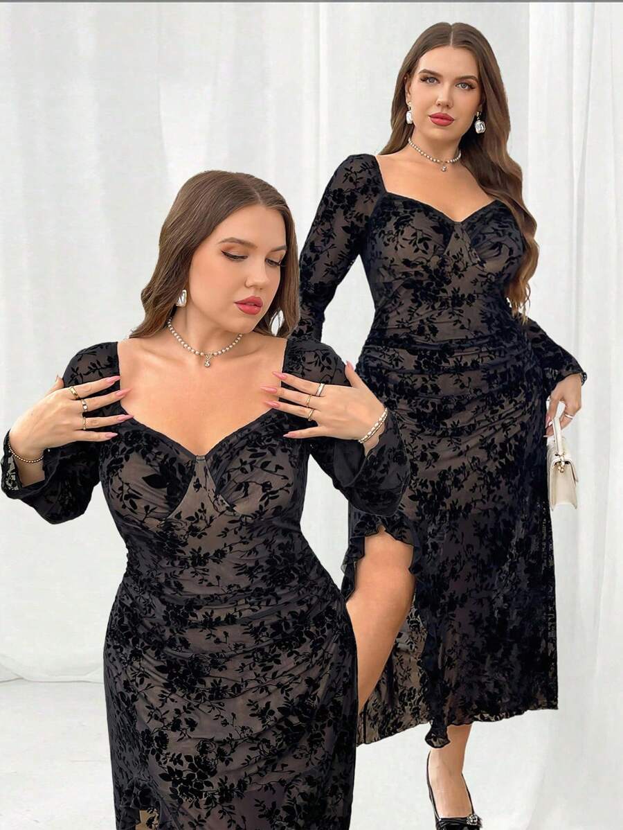 SHEIN Privé Plus Size Elegant Black Cocktail Maxi Dress,Autumn Curve Floral Flocked Square Neck,Ruched Bust,Slit,Ruffle Hem Versatile Professional Party - Black - View 1
