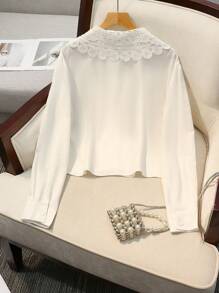 SHEIN LUNE 女士休闲纯色蕾丝拼布衬衫 - 白色 - 查看 2