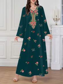Al Najma 女士优雅定位印花阿拉伯风格长袖 V 领连衣裙，端庄的卡夫坦 - 墨綠色 - 查看 1