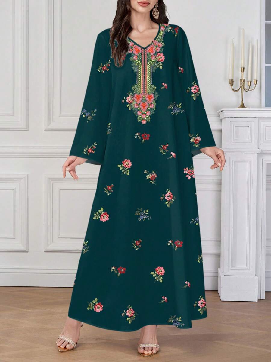 Al Najma 女士优雅定位印花阿拉伯风格长袖 V 领连衣裙，端庄的卡夫坦 - 墨綠色 - 查看 1