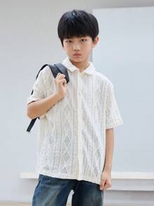 SHEIN 少年男童鬆身休閒提花短袖襯衫 - 白色 - 查看 5