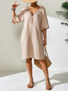 Women Apricot V-Neck Casual Top With Woven Trim, Spring/Summer - Apricot - View 4