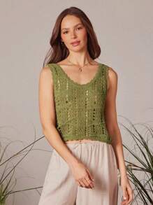 WESTFADE Spring Vacation Scoop Neck Faux Crochet Scallop Hem Knit Top - Army Green - View 5