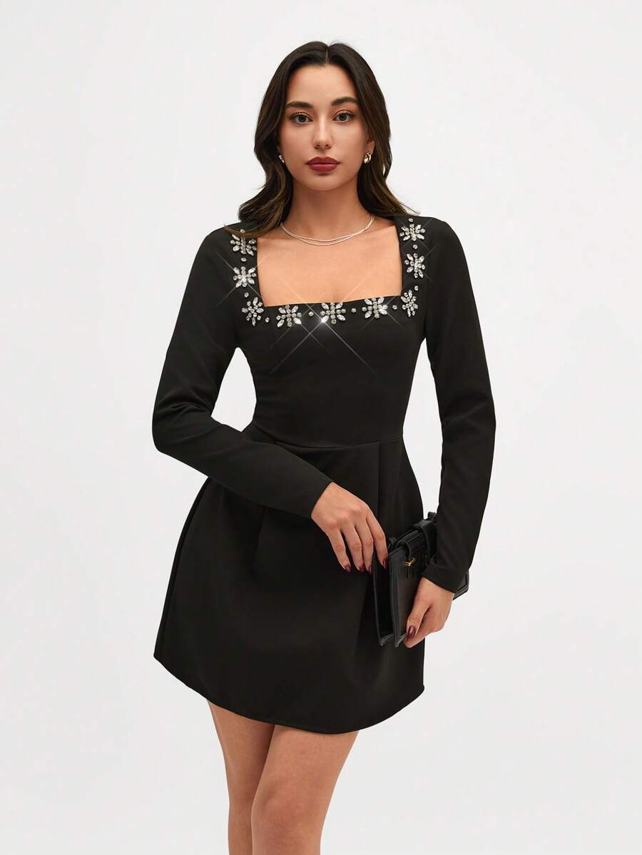 SHEIN Cottnline Rhinstone Embellishment Detailed Square Neck Long Sleeve Princess Shape Elegant Short Dress - Black - View 1