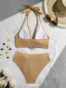 Swim Vcay Springbreak Solid Color Halter Bow Bra & Triangle Panty Bikini Set For Summer Beach Vacation - Brown - View 4
