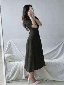 DAZY 女士优雅纯色泡泡袖连衣裙，配腰带，适合夏季穿着，休闲女装 - 黑色 - 查看 4