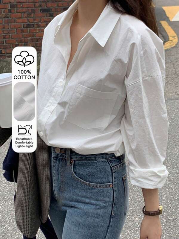DAZY Camisa de hombros caídos con bolsillo, camisa casual con botones para mujer, camisa blanca holgada de manga larga y cuello, blusa de mujer para primavera/otoño, atuendo profesional/empresarial/ropa de trabajo, blusas de manga larga