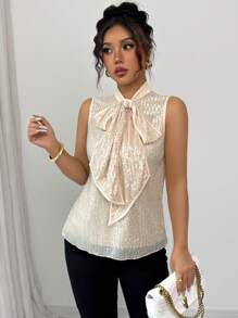 SHEIN Unity Luxury Sleeveless Sequin Sparkling Blouse With Tie Cravat Sexy Women Dress Shirt - Apricot - View 3
