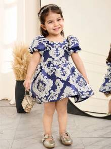 SHEIN Leap Crew Babygirl Summer Cute & Elegant Floral Print Dress - Blue - View 2
