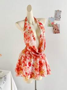 Soleia Gaun Mini Tie Dye Leher V Dalam dengan Hem Asimetris Bergelombang, Gaya Liburan, Gaun Santai, Gaun Musim Panas untuk Wanita - MultiWarna - View 6