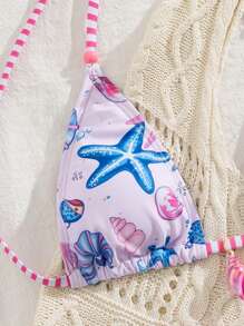 Swim SXY Women Summer Digital Print Beachwear 2pcs Bikini Set With Shoulder Straps, Pink & Polka Dot Pattern