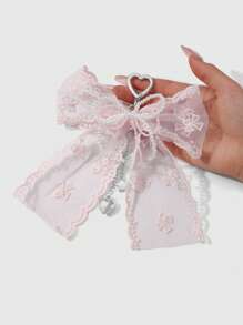 ROMWE Kawaii 1pc Korean Style Sweet & Delicate Versatile Simple High-Quality Handmade Beaded White Faux Pearl Crystal Net Yarn Embroidery Ribbon Bow Chain CCB Star Heart Pendant Keychain Bag Charm, Suitable For Women, Daily Wear, Festival Gift - Dusty Pink - View 5