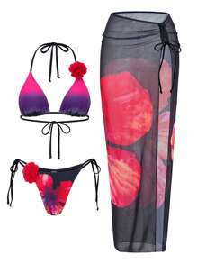 SHEIN Swim Summer Beach Outfits For Women, 3pcs/Set Including Floral Print Halter Neck Backless Top, Side Tie Bikini Bottom, And Side Slit Long Beach Skirt - Multicolor - View 6