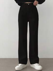 DAZY 女式休闲纯色直筒裤 - 黑色 - 查看 6