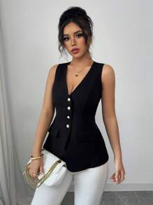 Elenzga 女士优雅办公/休闲珍珠纽扣 V 领无袖衬衫 - 黑色 - 查看 4