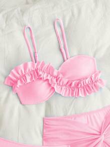 Tween Girl Solid Color Tankini Top & Mini Skirt Swimwear Set - Pink - View 5