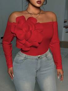 Elenzga Plus Size Elegant Off Shoulder Tight Fitting Floral Decor T-Shirt - Red - View 1