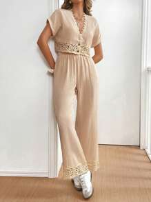 SHEIN Frenchy 2 Pcs/Set Ladies Casual Vacation Solid Color Lace Patchwork Short Sleeve 100% Cotton Top And Pants Set 100% Set Daily Wear Office Wear Old Money Style Clothing Vacation Outfits Woman  Vacation Outfits Women  Lounge Sets For Women - Apricot - View 7