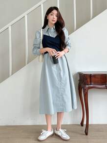 DAZY 女式撞色二合一纽扣前长袖迷你连衣裙衬衫裙，秋季服装