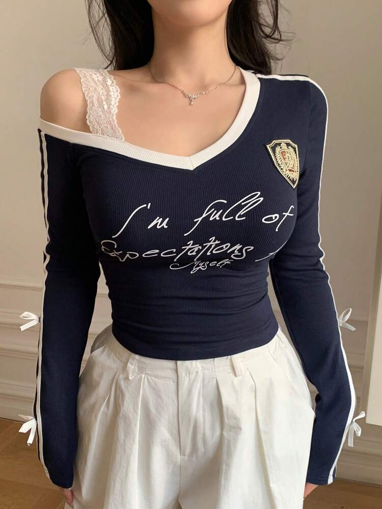 Ribbed Trim Contrast Color Block Bow Decor Off Shoulder Long Sleeve Women's T-Shirt, College Sports Style,Fall Clothes Graphic Tee