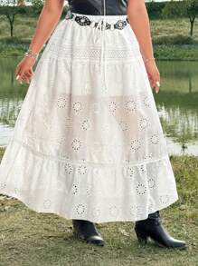 Flirla Saia Branca de Cintura Alta Solta Estilo A-Line com Barra Franjas, Bordados, Retalhos e Renda, Inspirada em Festival, Boho, Hippie, Cowgirl, Velhos Ricos, Praia, para Mulheres Plus Size