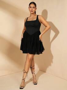 SHEIN BAE Vestido mini de línea A con parches de malla negra, romántico, elegante, sexy y dulce para el Día de San Valentín, fiesta de cumpleaños u otras ocasiones especiales, tallas grandes, primavera/verano