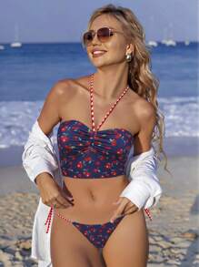 Swim Mod Springbreak 2pcs Women Casual Beach Party Spaghetti Strap Textured Fabric Cherry Print Tank Top And Bikini Swimwear Set