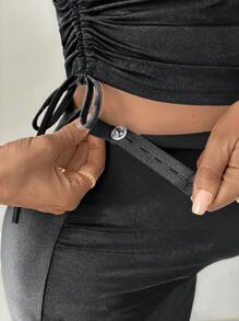 SHEIN 2pcs Maternity Knit Fitted Crew Neck Side Drawstring Tank Top And Adjustable Waist A-Line Skirt Set - Black - View 6