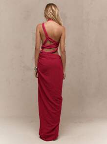 MISSGUIDED Vestido largo elegante con corte y fruncido, vestido de noche de longitud hasta el suelo para bodas, invitados, ocasiones especiales, con abertura lateral, vestido de gala de alta moda para fiestas y bailes - Rojo - Ver 2