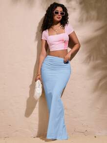 Opulessa Gonna lunga da donna per vacanze estive, sexy, adatta per feste, balli, cene semi-formali, autunno/inverno - celeste - Visualizzare 3