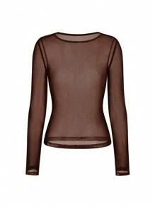 INAWLY Blusa feminina de Tule Transparente de Manga Longa, Gola Redonda, Cor Sólida, Sexy