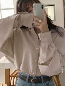 DAZY Women's Solid Color Simple Daily Wear Long Sleeve Button-Down Shirt - Khaki - View 6