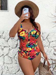 Swim Lushoire Plus Size Women Sexy Floral Print Adjustable Strap One-Piece Swimsuit, Flattering & Slimming Design For Beach, Resort Vacation For Summer - Multicolor - View 4