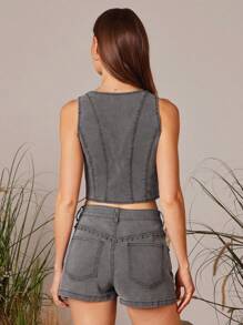 WESTFADE 西部牛仔女铆钉圆领前纽扣无袖修身牛仔背心春假可爱上衣 - 深灰色 - 查看 4