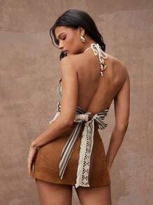 Hauture 夏季女士，女士，度假性感棕白条纹流苏下摆露背吊带短款上衣，带珠饰，女式上衣，女式背心，夏季上衣，夏季女式上衣，波西米亚风上衣，度假 - 彩色 - 查看 2