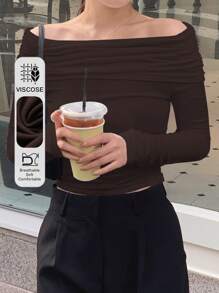 DAZY 女式露肩褶饰垂坠长袖 T 恤，适合春秋季节，返校服装