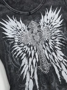 ROMWE Grunge Punk Damen Kreuz Flügel Strass & Säuregewaschenes Figurbetontes T-Shirt
