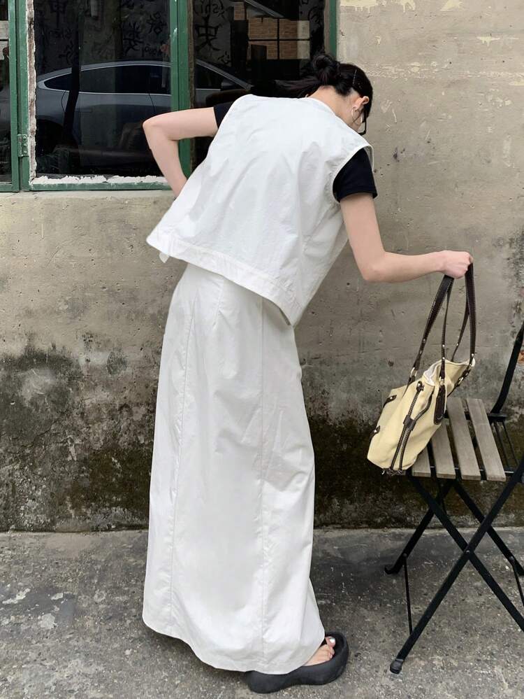 Women's Solid Color Single-Breasted Vest & Side Slit Hem Skirt Casual 2 Pieces Set Summer
