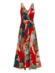 SHEIN LUNE Plus Size Women Tropical Plant Print V-Neck Sleeveless Casual Dress - Multicolor - View 1